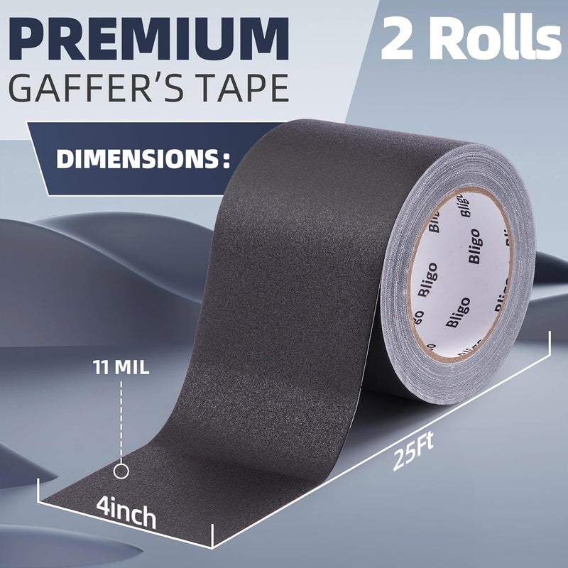 Bligo 2 Pack Professional Black Gaffer Tape 4 Inch x 30 Yards, No Residue, Waterproof, Non-Reflective, Easy Tear, Multipurpose Matte Finish Cloth Tape for Stage, Studio and DIY Projects - Image 2